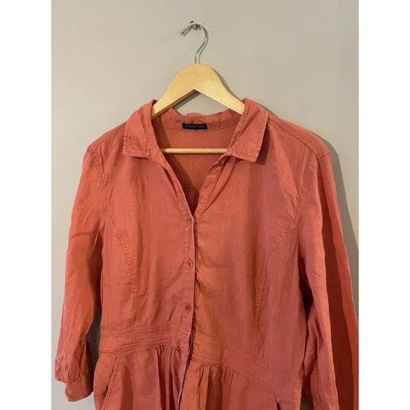 Eileen Fisher Linen Blend Salmon Pink Shirt Dress - Picture 5 of 9